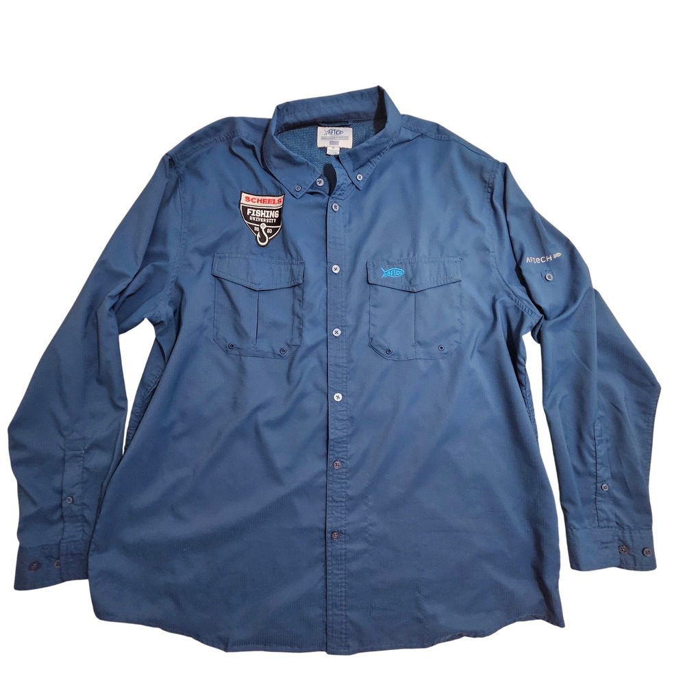 AFTCO Fishing Shirt XL Blue Scheels Fishing University Patch AFTECH Ventilated *